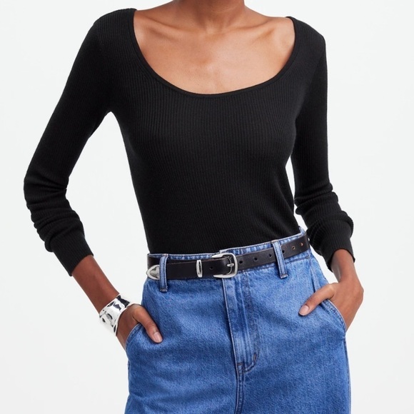 Madewell Merino Wool-Silk Blend Scoopneck Sweater in Black size M NWT NS654 - Picture 2 of 14